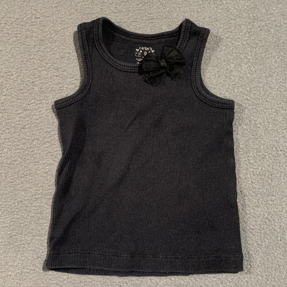 Carter's Tank Top Baby Girls 9M‎ Black Ribbed Knit Bow Accent Summer Goth Faded